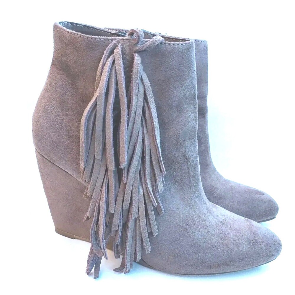 Steve Madden Boots Womens Size 8 Tan Suede Ankle Booties Fringe Boho Wedge Heel